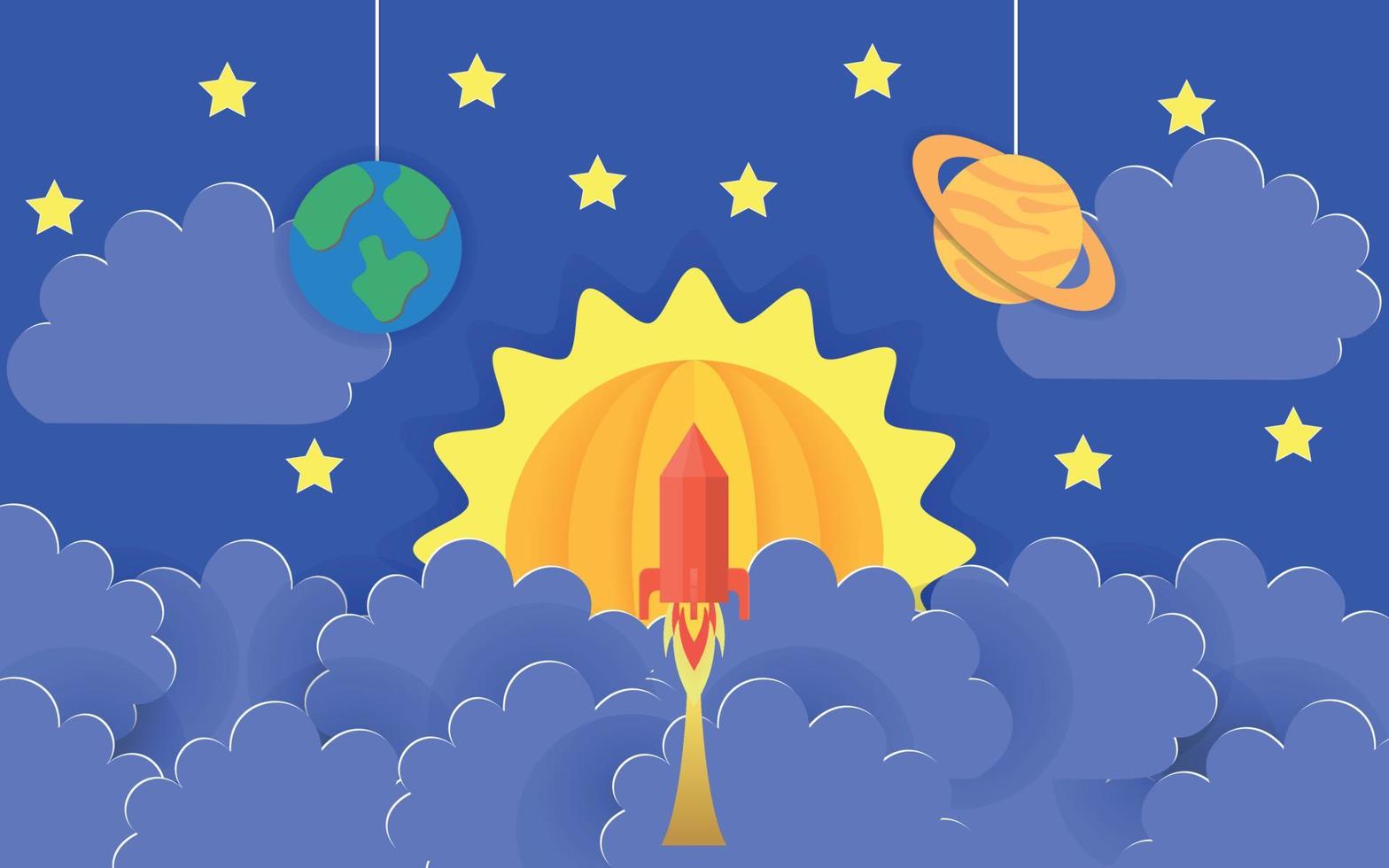 Red rocket launch in space in paper cut style Vector kids card