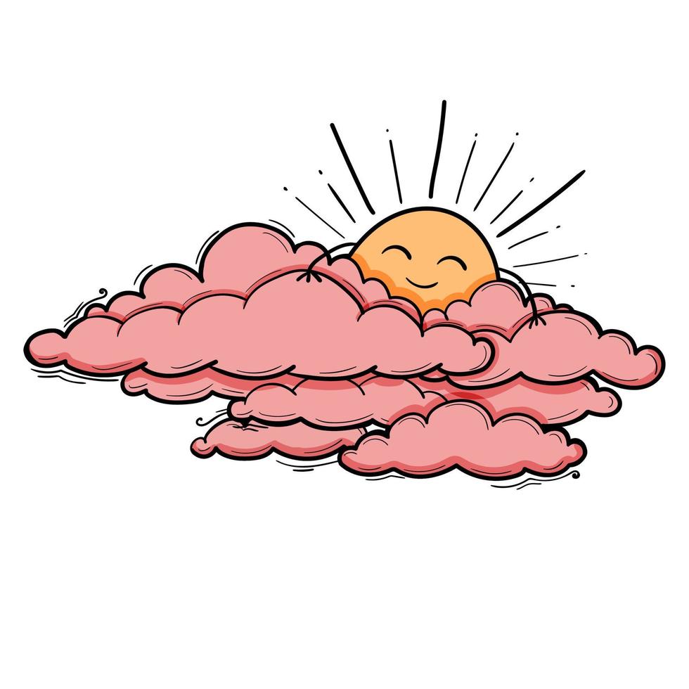 Sun and Cloud kids drawing for nursery in cartoon outline style. Girl pink vector illustration isolated