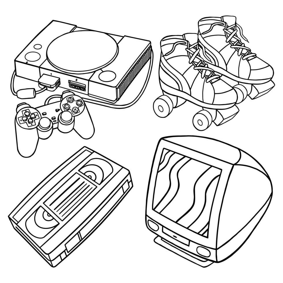 Set vector outline illustration of 90's vibes for coloring book