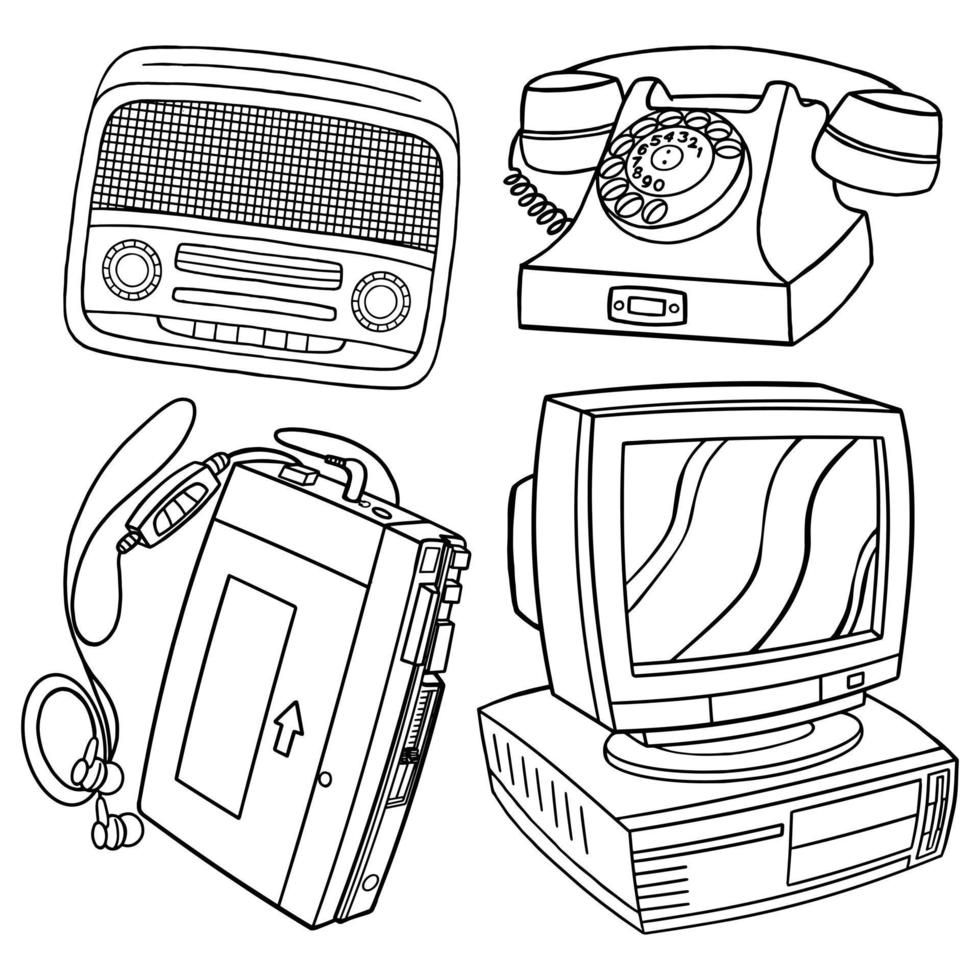 Set vector outline illustration of 90's vibes for coloring book