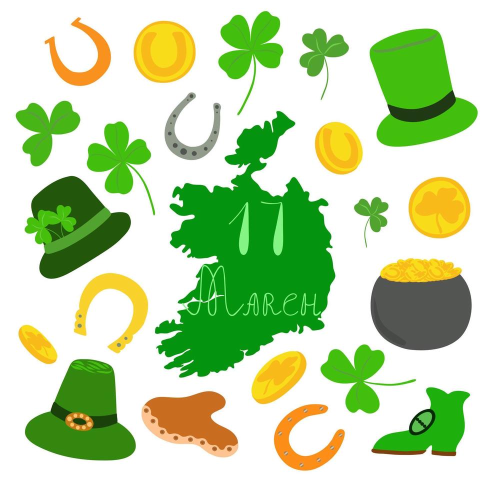 hojas de trébol, moneda, mapa de irlanda, sombrero, herradura, juego de ilustración de vector de caldero, símbolo de una identidad nacional de irlanda y sus vacaciones de primavera, día de san patricio, estilo de dibujos animados lindo