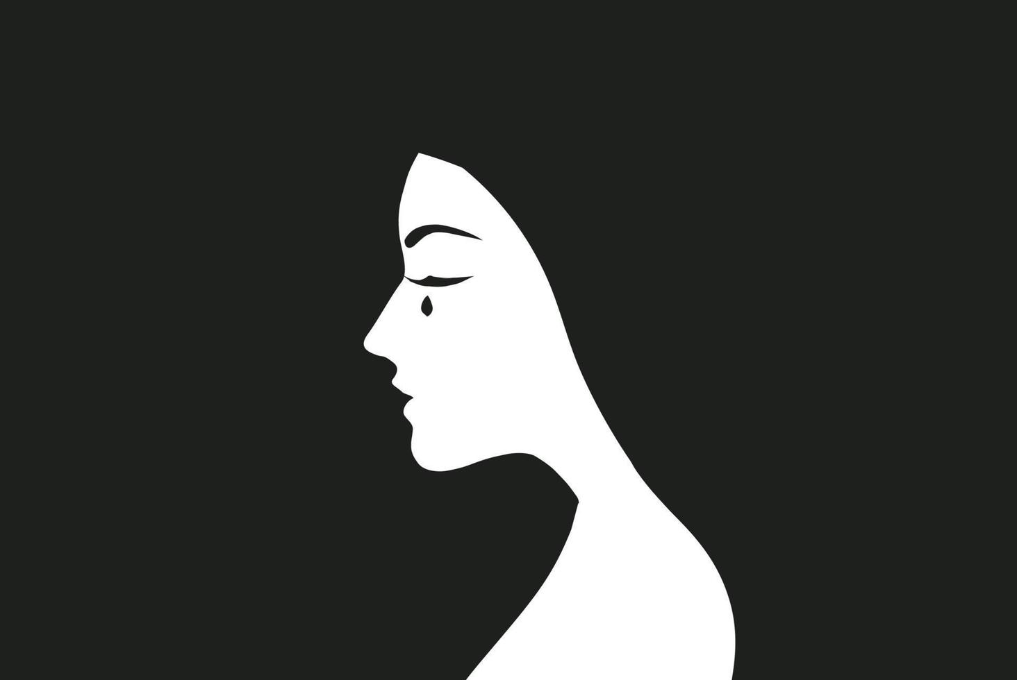Silhouette of crying woman face on black background. Sadness and depression, broken heart feeling and stop violence against woman concept vector