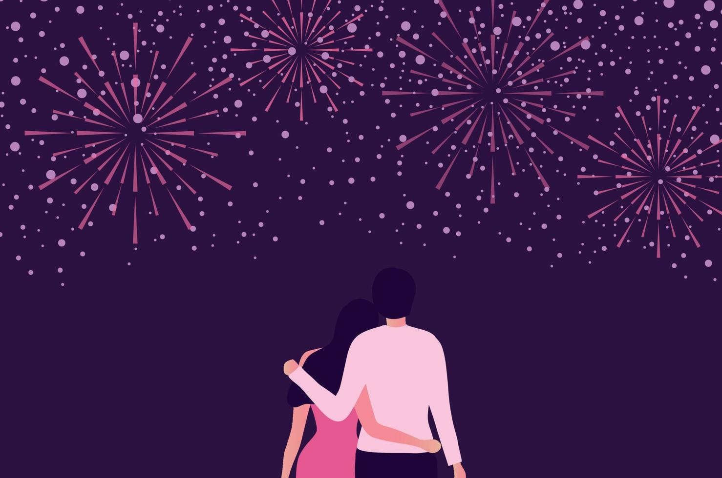 feliz año nuevo 2023 concepto de celebración pareja celebra el festival de año nuevo con explosiones de fuegos artificiales en la ilustración vectorial del cielo. concepto de celebración de la temporada festiva vector