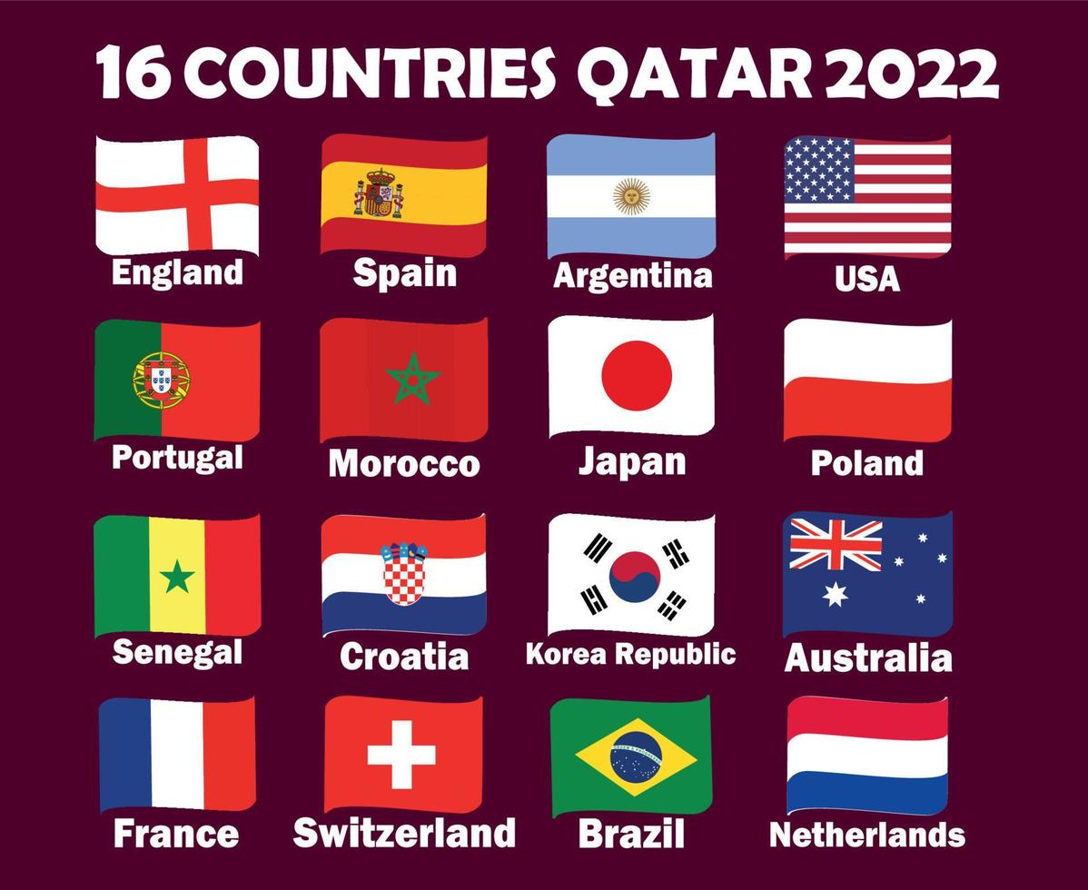16 Countries Flag Ribbon With Names Symbol Design football Final Vector Countries Football Teams Illustration