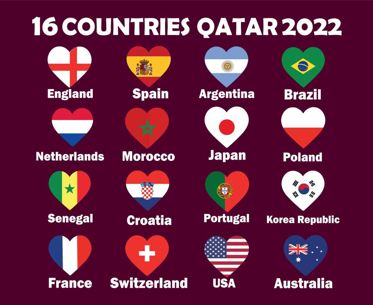 16 países bandera corazón con nombres símbolo diseño fútbol final vector países equipos de fútbol ilustración