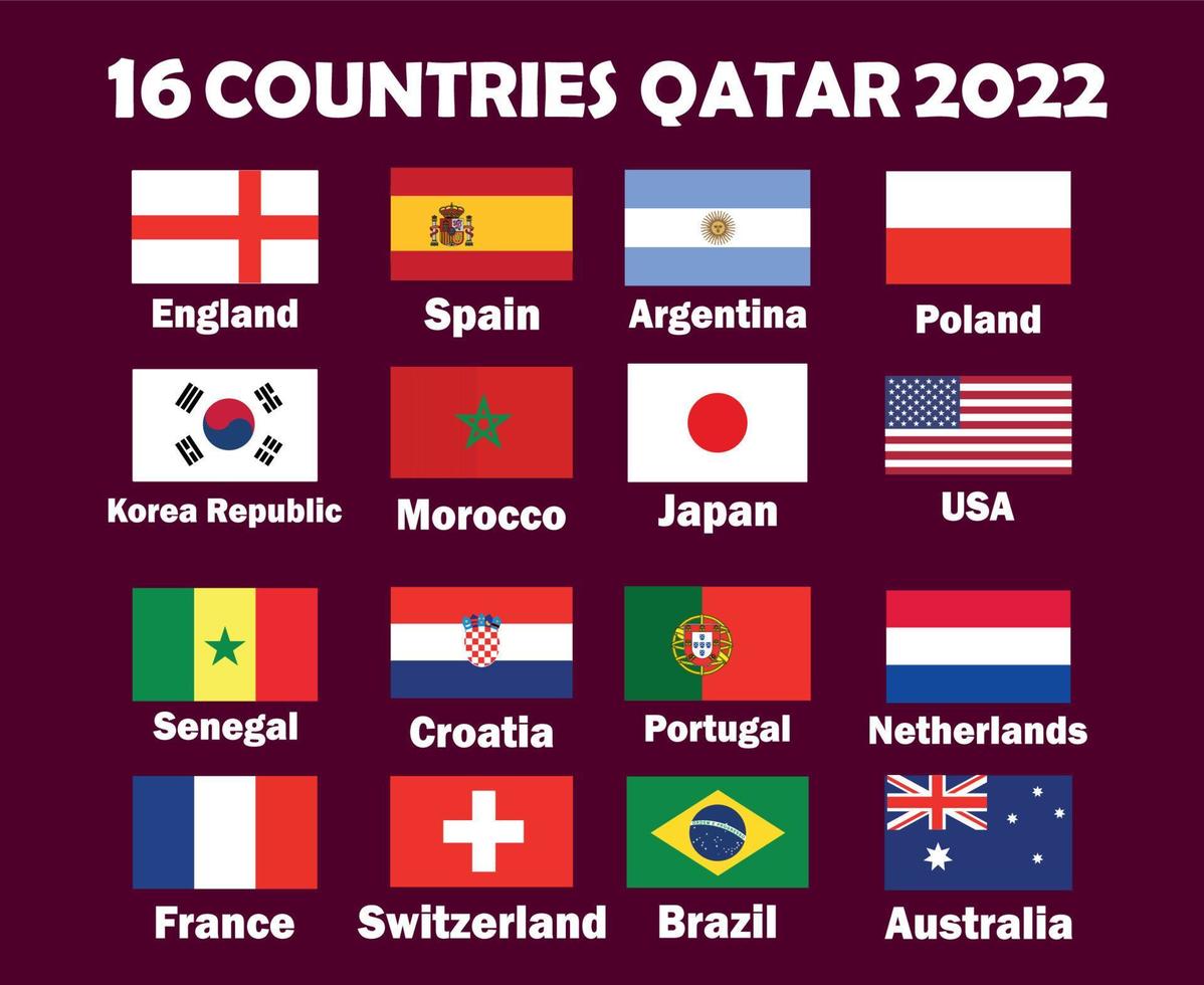 16 Countries Emblem Flag With Names Symbol Design football Final Vector Countries Football Teams Illustration