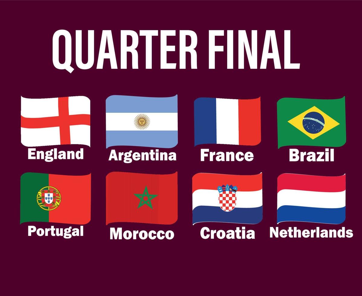 cinta de bandera de países de cuartos de final con diseño de símbolo de nombres ilustración de equipos de fútbol de países de vector final de fútbol