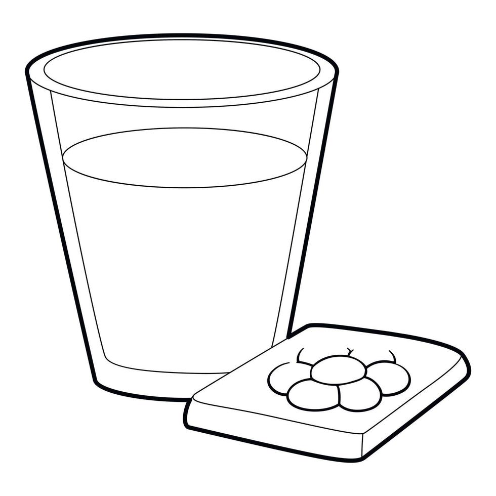 icono de vaso de agua y pastillas, estilo de esquema vector