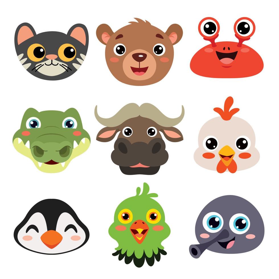 conjunto de cabezas de animales de dibujos animados vector