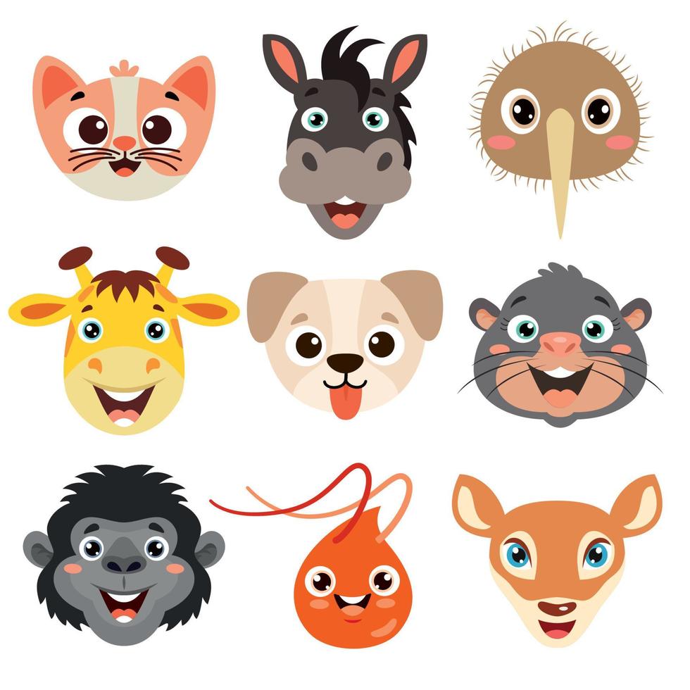 conjunto de cabezas de animales de dibujos animados vector