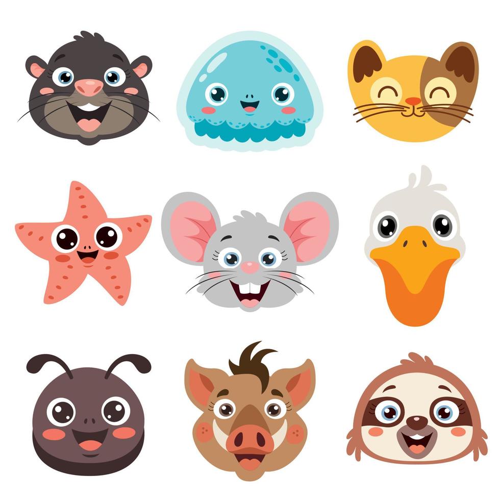 conjunto de cabezas de animales de dibujos animados vector