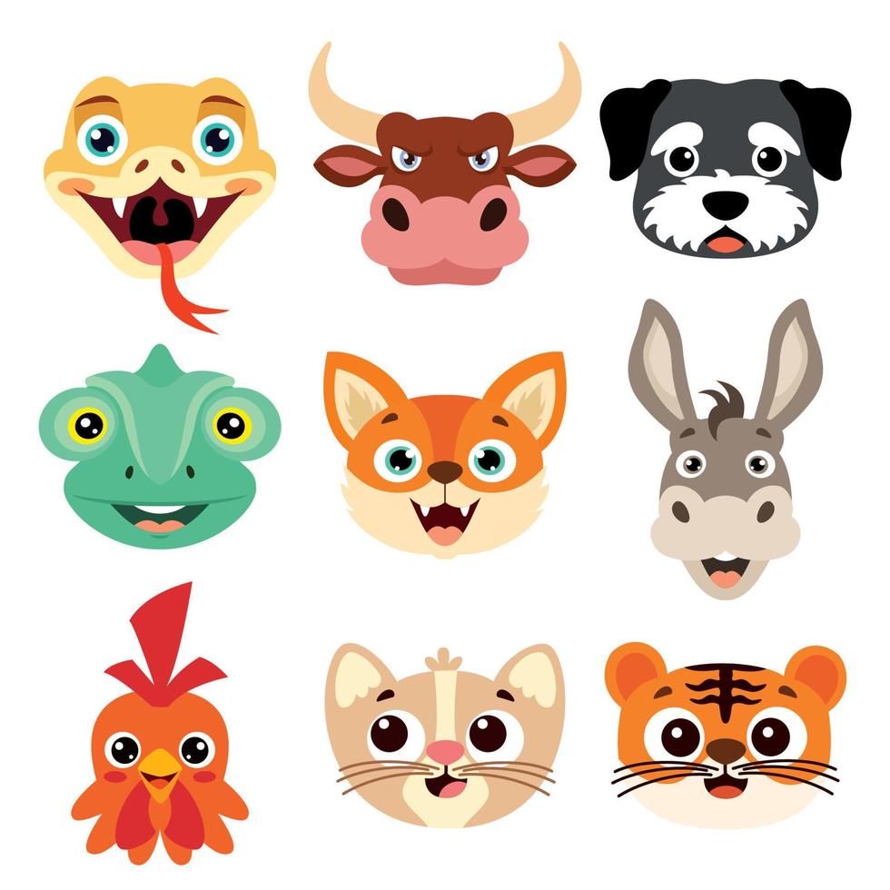 conjunto de cabezas de animales de dibujos animados vector