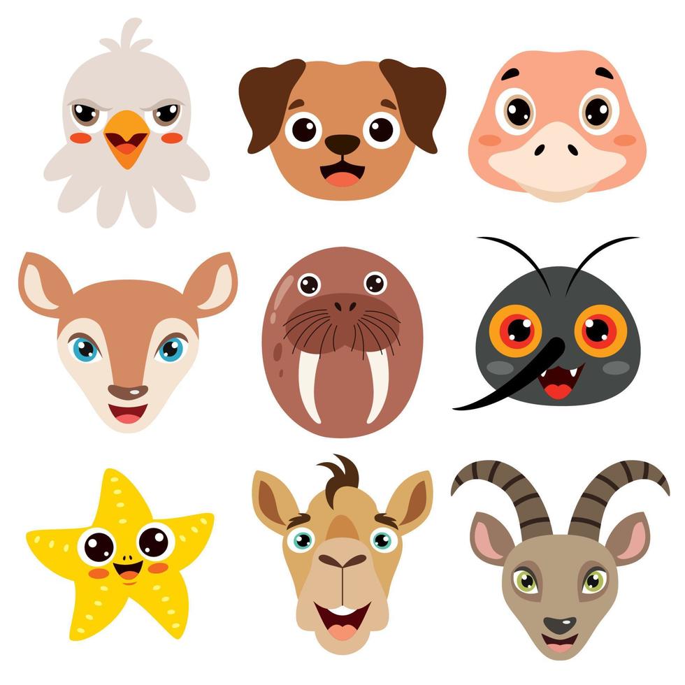 conjunto de cabezas de animales de dibujos animados vector