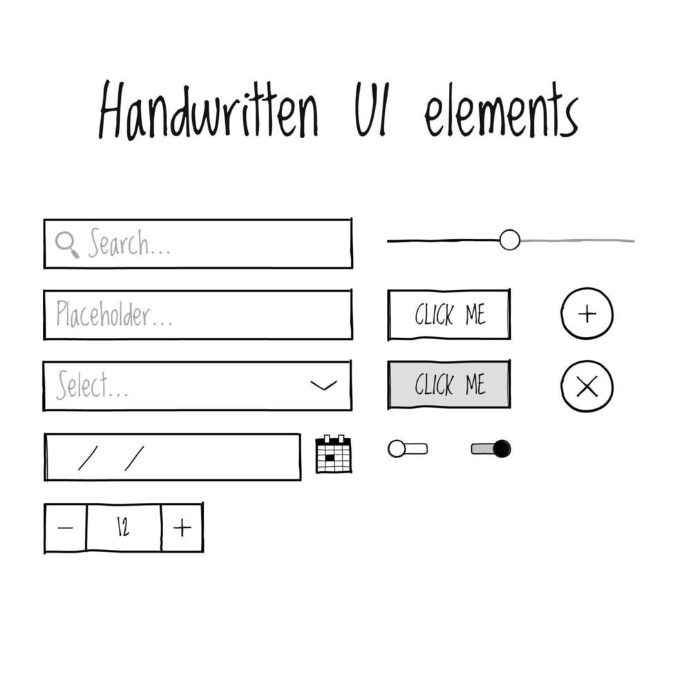 elementos de interfaz de usuario escritos a mano. entrada, botón, casilla de verificación, rango, control deslizante, fecha, casilla de verificación, radio, alternar. elementos de la interfaz de usuario vectorial. vector