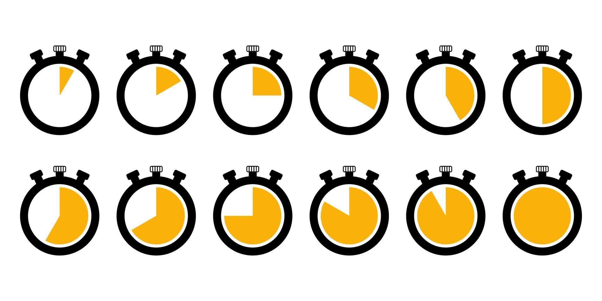 Stopwatch collection with different time in minutes. Stopwatch, timer, sports time, speed, second hand. Vector stock illustration.