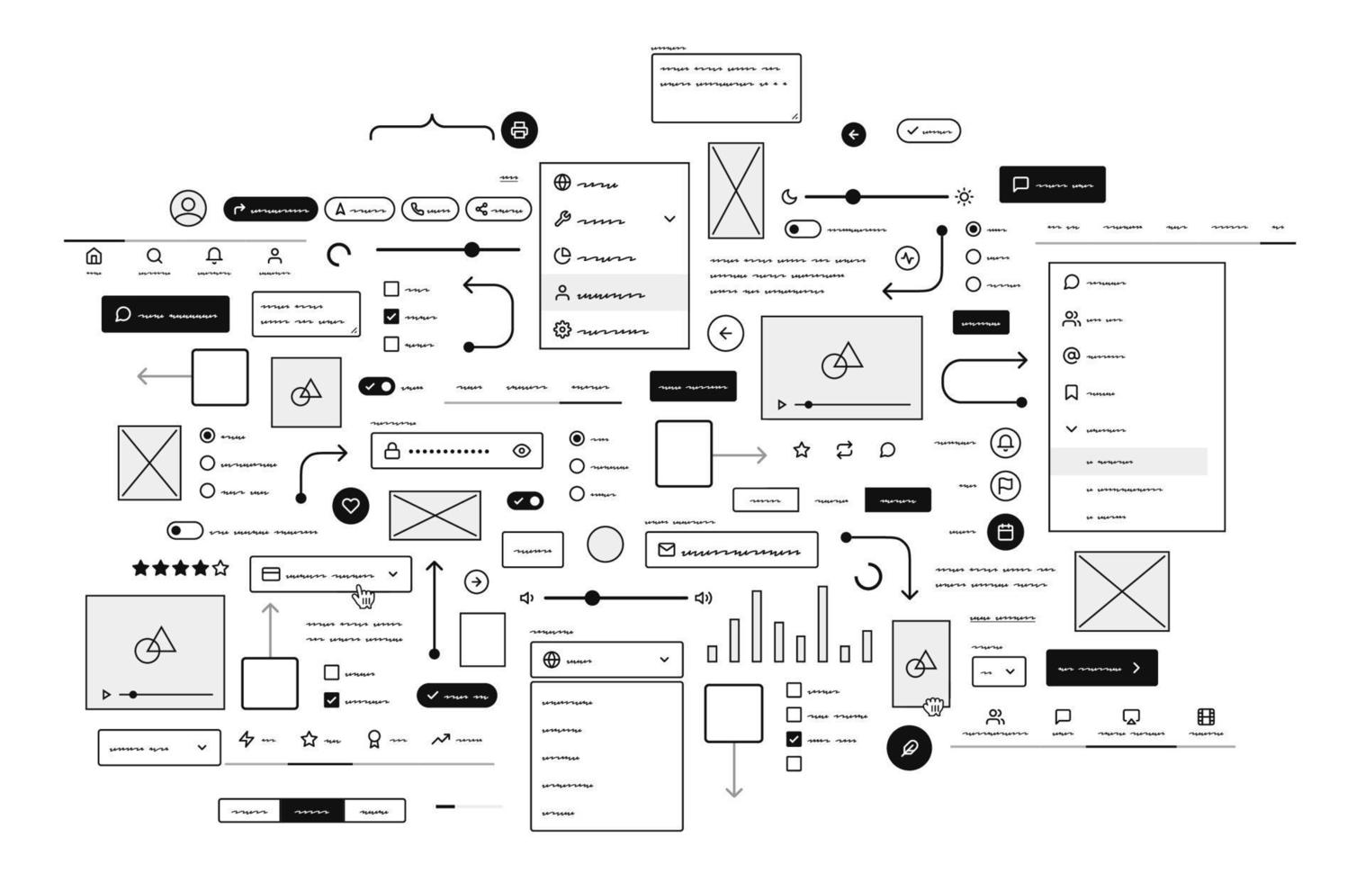 colección de elementos de estructura alámbrica. iconos de la interfaz de usuario. kit de interfaz de usuario elementos web escritos a mano. vector