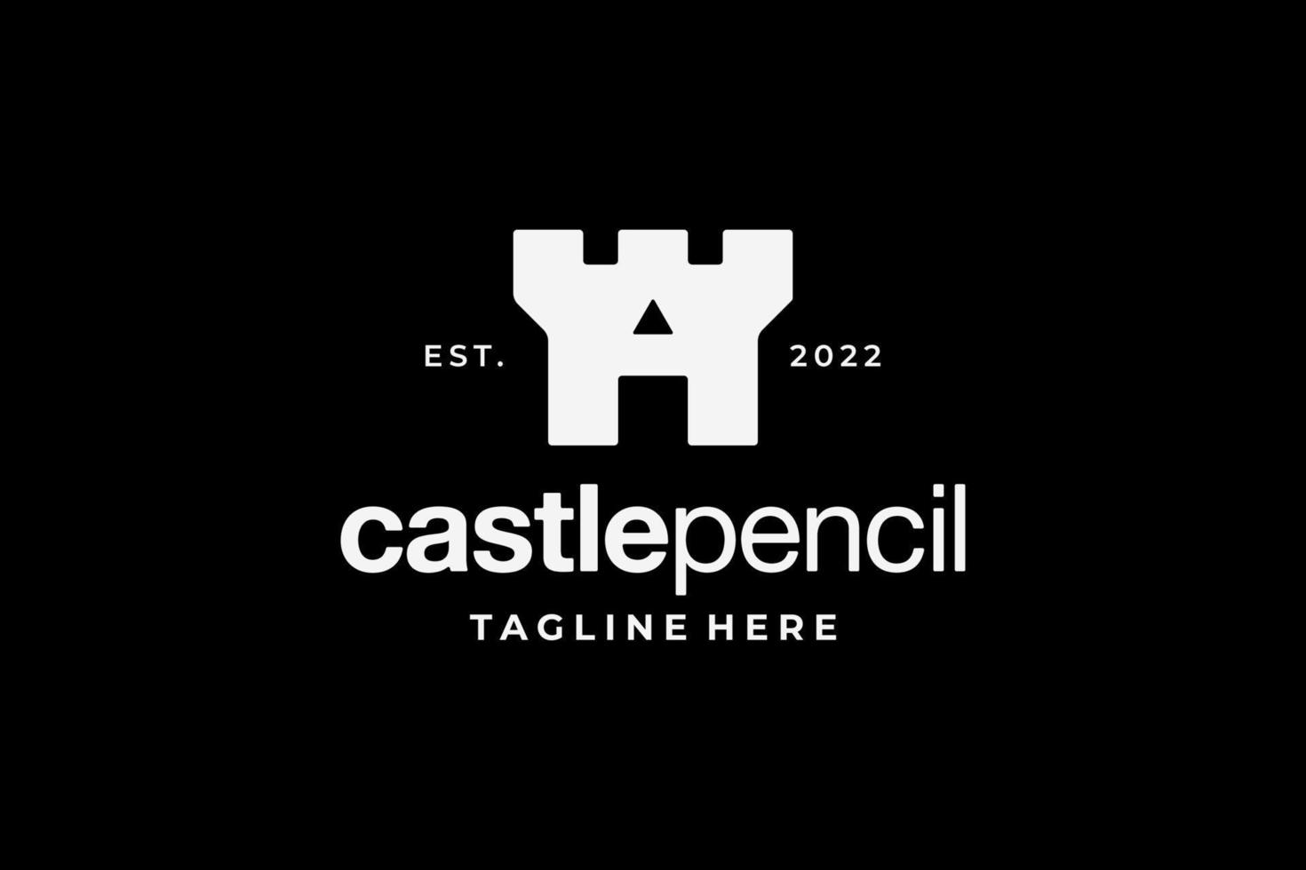 black white negative space castle hidden pencil logo vector