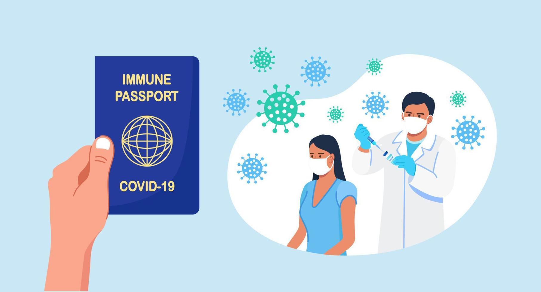 certificado médico inmune. persona tiene pasaporte de salud de vacunación para covid-19. viaje seguro en pandemia. el médico vacuna a un paciente contra el coronavirus, la gripe, otros virus, infecciones, enfermedades vector