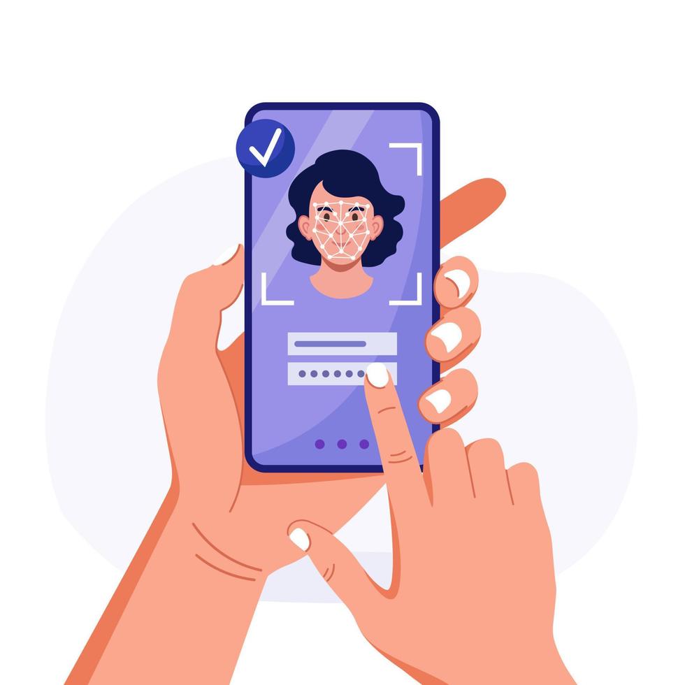 Face ID access, face recognition system for verification. Woman hold phone with facial biometric identification system. Mobile phone users getting access to data after biometrical checking vector