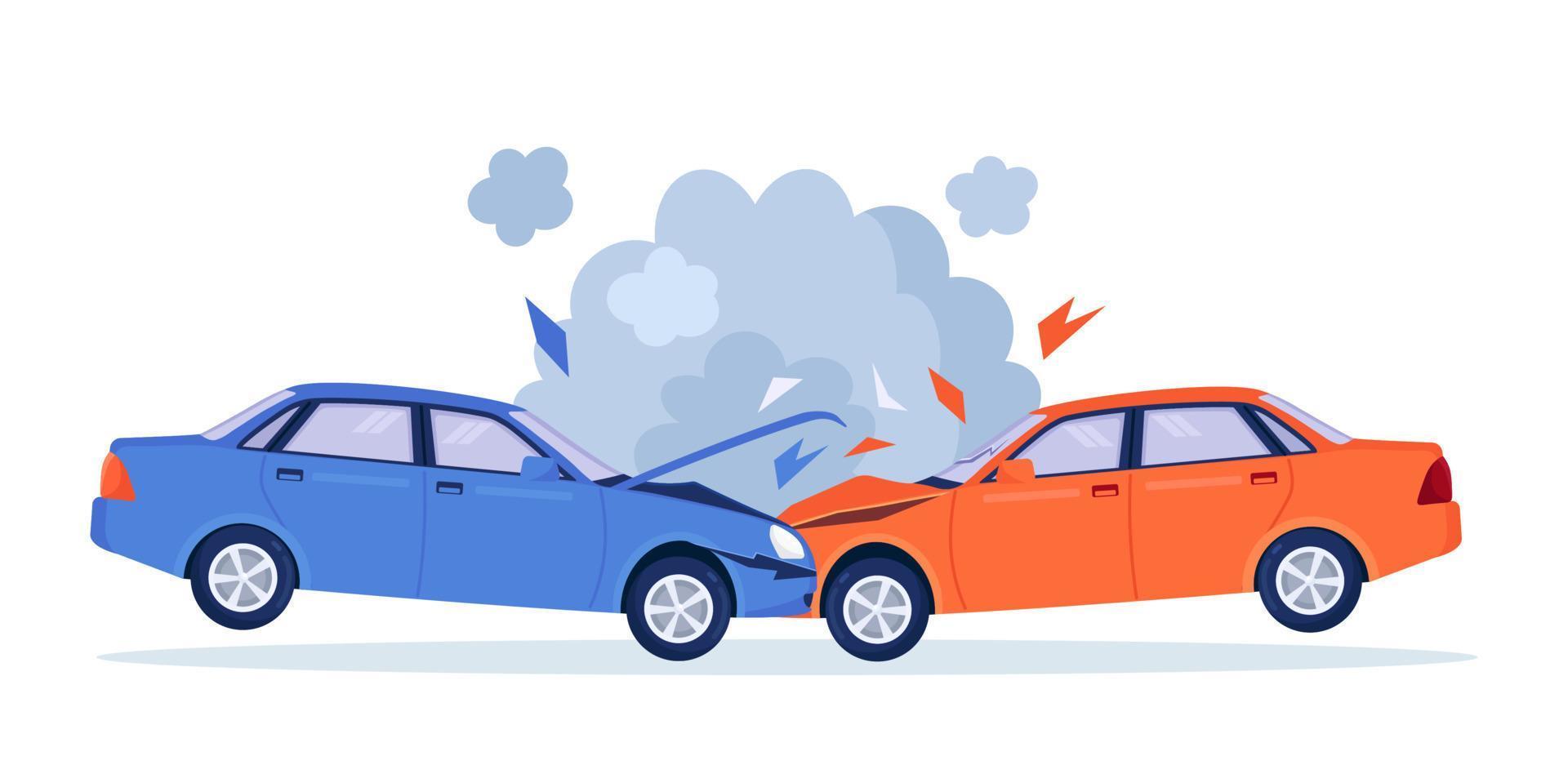 Car crash on the road. Red and blue cars are broken in the city. Road traffic accident. Smashed cars on highway. Collision of vehicles. Automobiles damaged vector