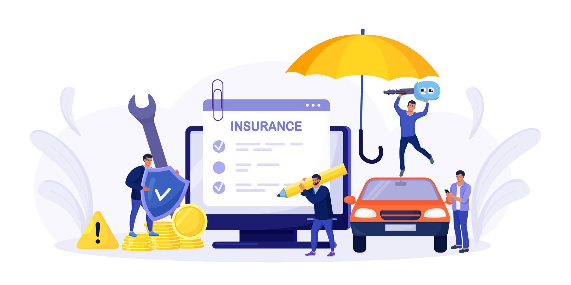 Car insurance policy form on computer screen. Insurance agent or salesman providing security document. People buying auto, leasing. Protection, warranty of vehicle from accident, damage or collision vector