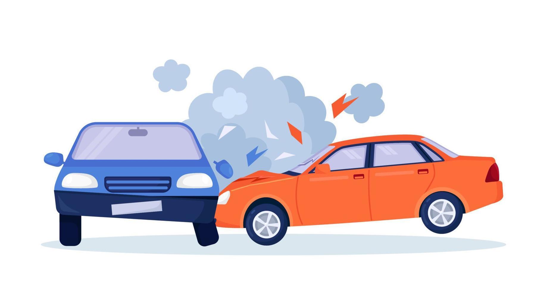 Car crash on the road. Red and blue cars are broken in the city. Road traffic accident. Smashed cars on highway. Collision of vehicles. Automobiles damaged vector