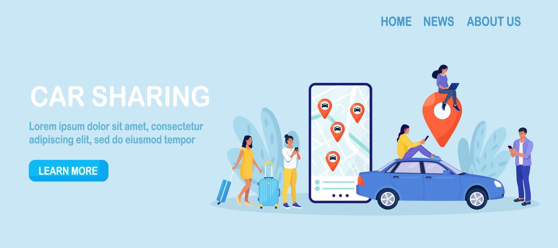 Person use autonomous online car sharing service. Man near smartphone screen with route and points location of car on city map. Online ordering taxi, rent auto. Group of people sharing auto vector