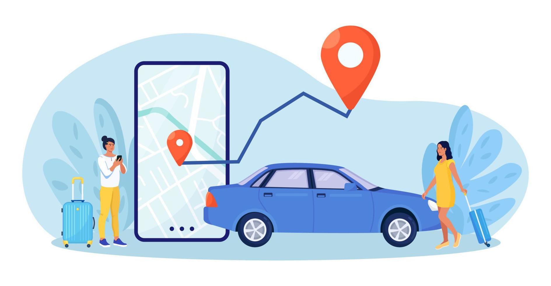 Online car rent. People using mobile application for ordering taxi cab or car sharing. Woman near smartphone screen with route and location mark on a city map vector