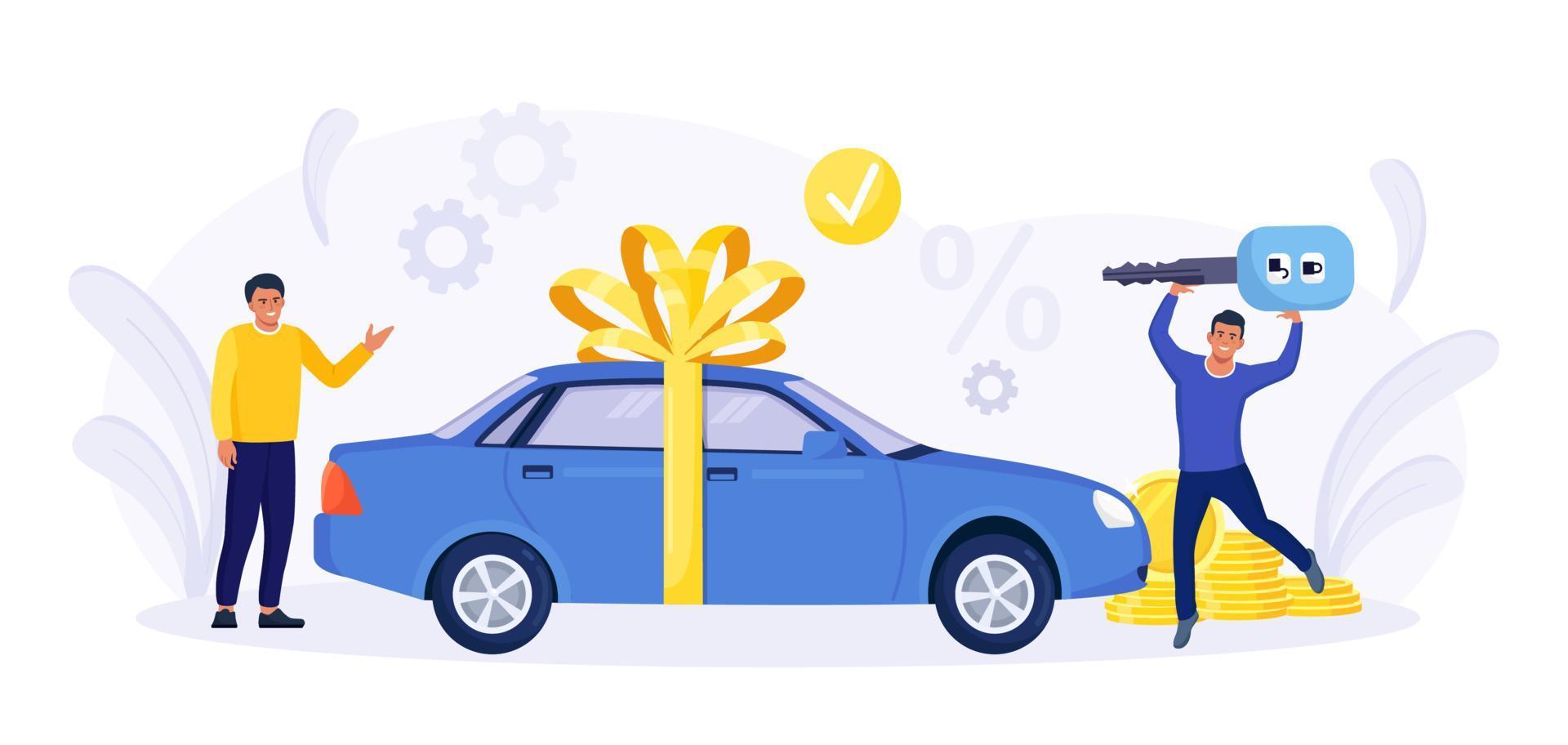 Happy People Celebrating Buying Auto. Automobile Purchase. Men Standing near New Sedan Car Wrapped with Big Festive Bow. Cars Rent, Sharing, Leasing. Successful Deal. Car Key in Hand vector