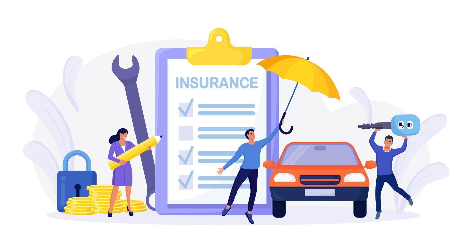 Car insurance policy form with umbrella. Insurance agent or salesman providing security document. People buying auto, leasing. Protection, warranty of vehicle from accident, damage or collision vector