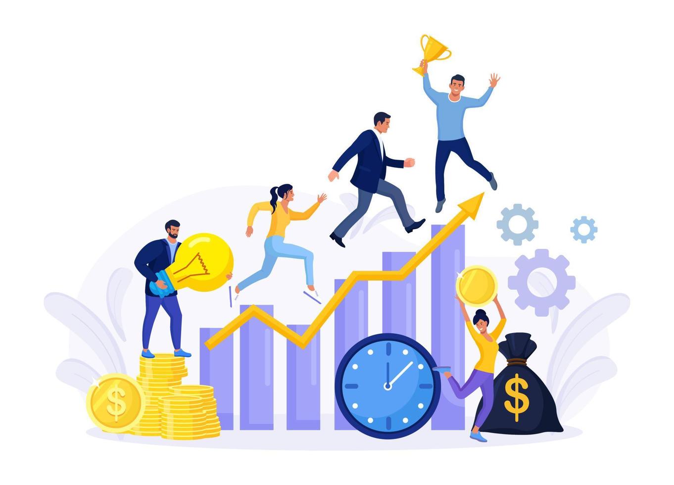 Competitive process in business. Business people run to their goal, in hurry in each step. Way to achieve the goal, move up the motivation. Employee victory. Companies competition. vector