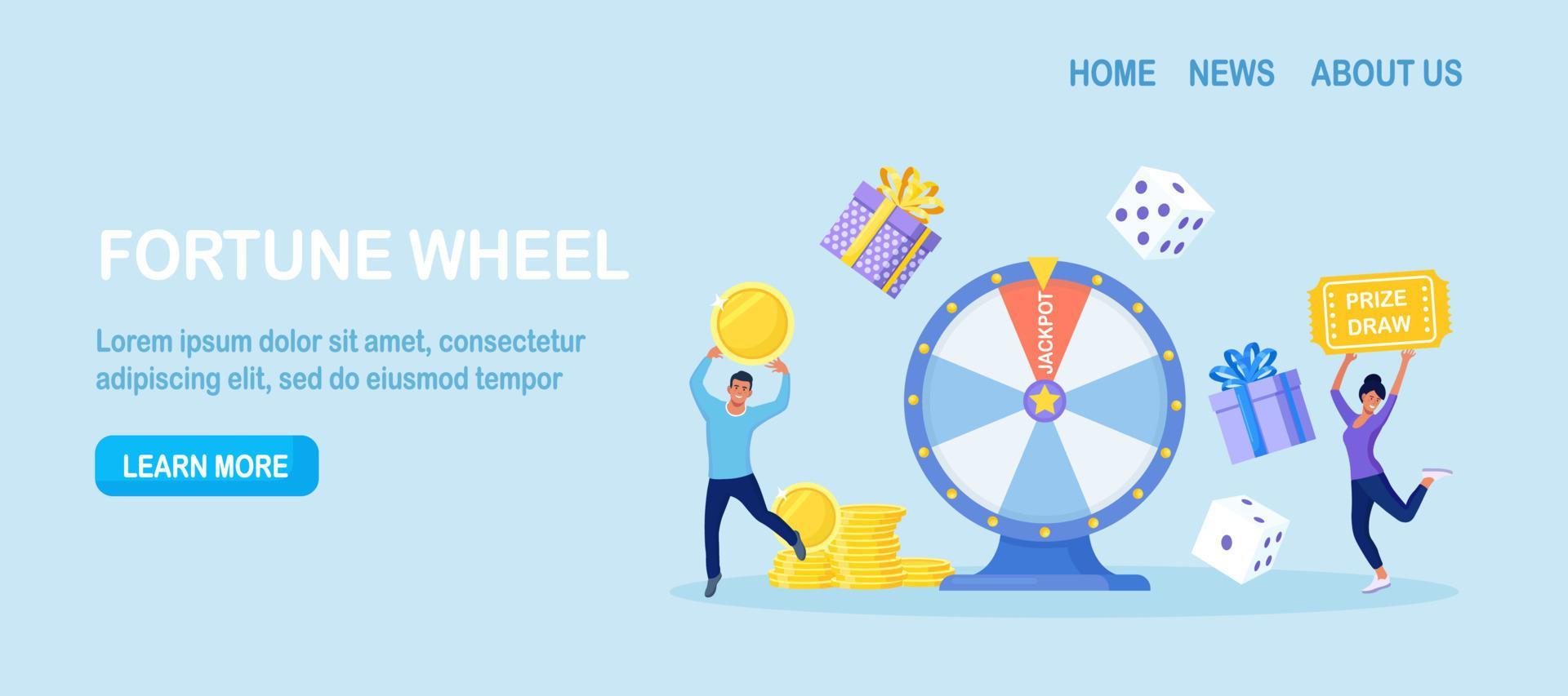 Casino and gambling. People playing fortune wheel. Winners with gift