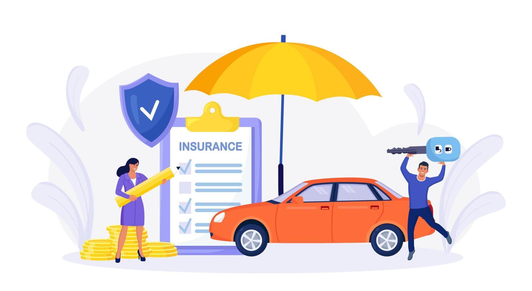 Car insurance policy form with shield, umbrella. Insurance agent or salesman providing security document. People buying auto, leasing Protection, warranty of vehicle from accident, damage or collision vector