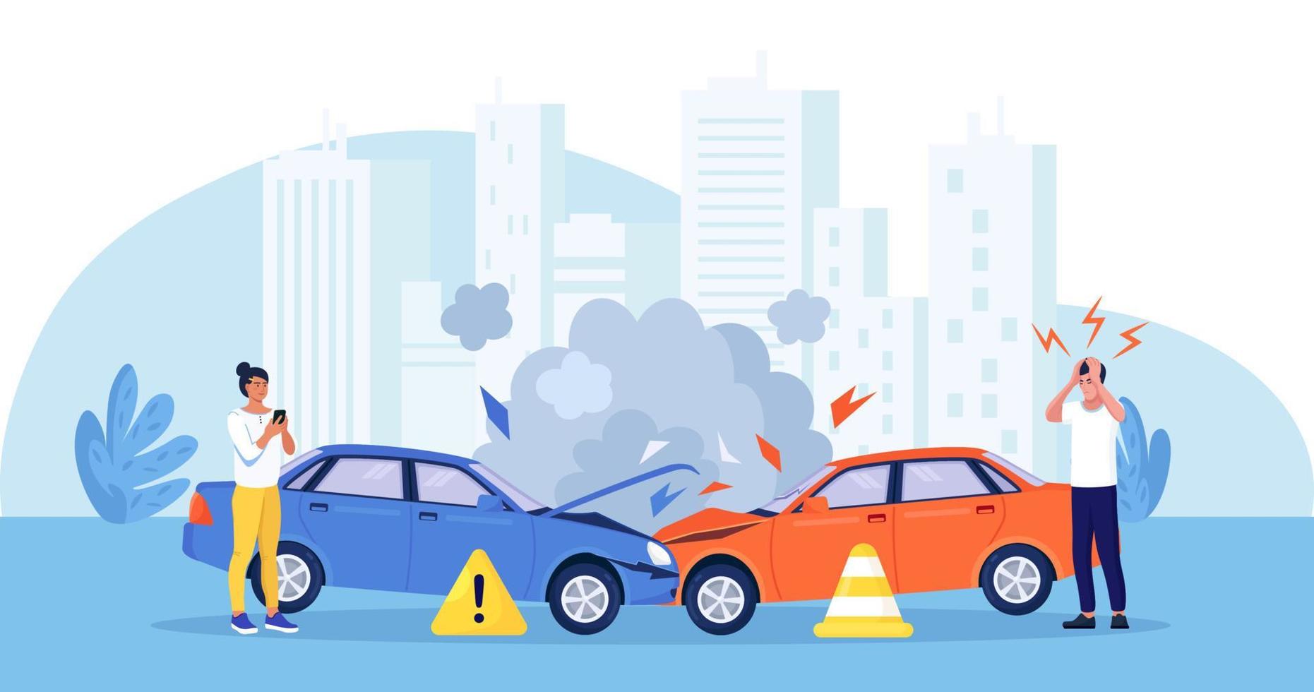 Upset drivers standing near crashed cars. Road traffic accident. Car crash on the road. Vehicle is broken in the city. Smashed auto on highway. Collision of vehicles, wreck. Automobile damaged vector
