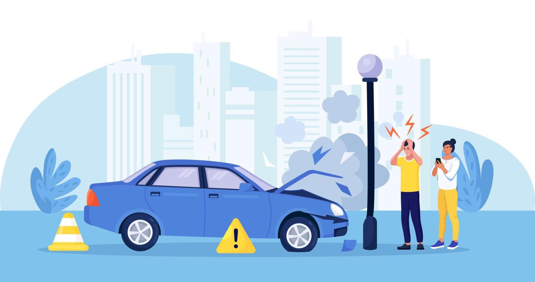 Upset drivers standing near auto. Road traffic accident. Car crashed into pole on the road. Vehicle is broken in the city. Smashed auto on highway. Collision of vehicles, wreck. Automobile damaged vector