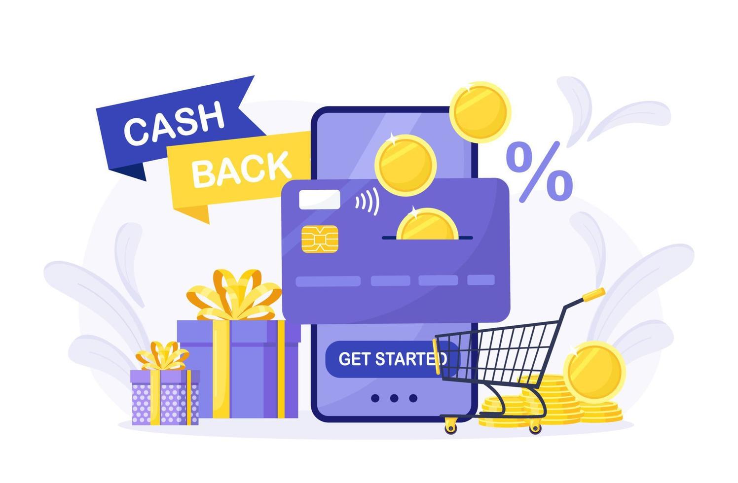 Cash back loyalty program, bonus. Pile of coins, credit card and mobile phone with button get started cashback. Saving money. Refund money service app on smartphone screen. Online banking vector