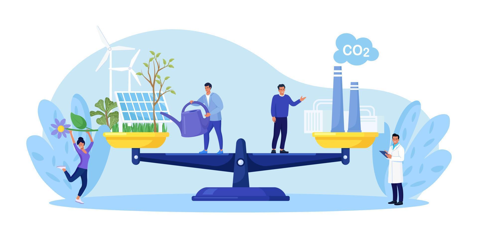 Carbon offset compensation to reduce CO2. Net zero emissions and carbon dioxide neutral balance. Scales with plants and factory. People calculate emissions from factories for zero environment strategy vector