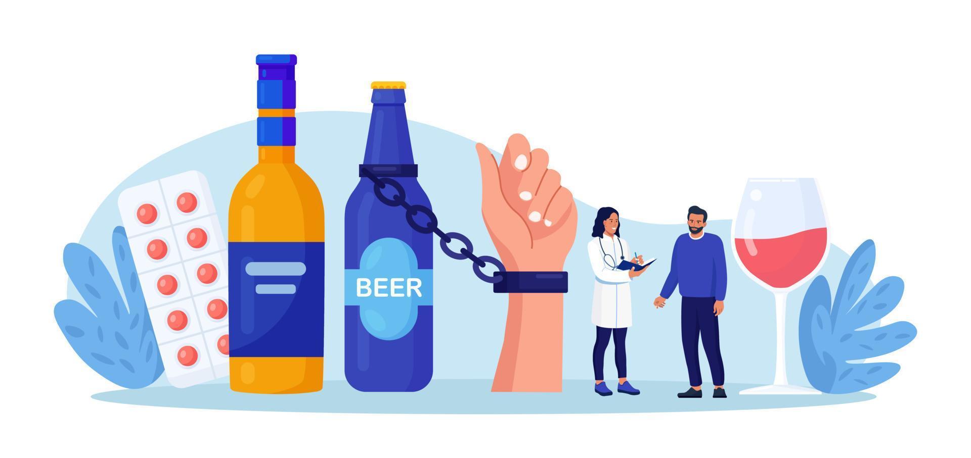 Addiction treatment, recovery and rehabilitation. Life-threatening condition. Person in depression addicted to drugs, alcohol. Drink man chained to alcohol bottle. Strong hangover. Alcoholism therapy vector