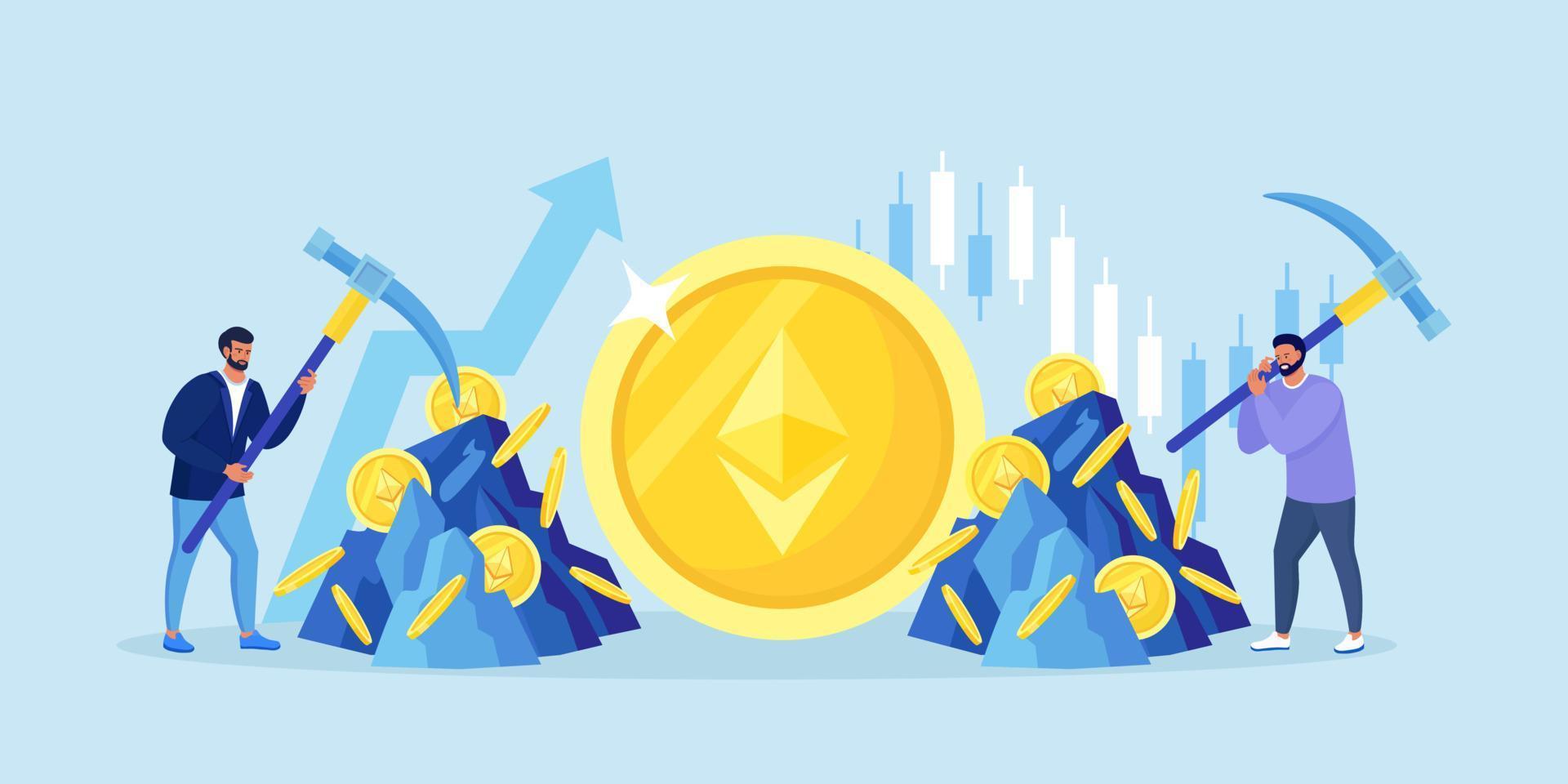 Man with pickaxe extracting ethereum or bitcoin crypto coin out of rock. Mining crypto, Cryptocurrency mining farms. People trading, investing in cryptocurrencies. Digital currency farming. Blockchain vector