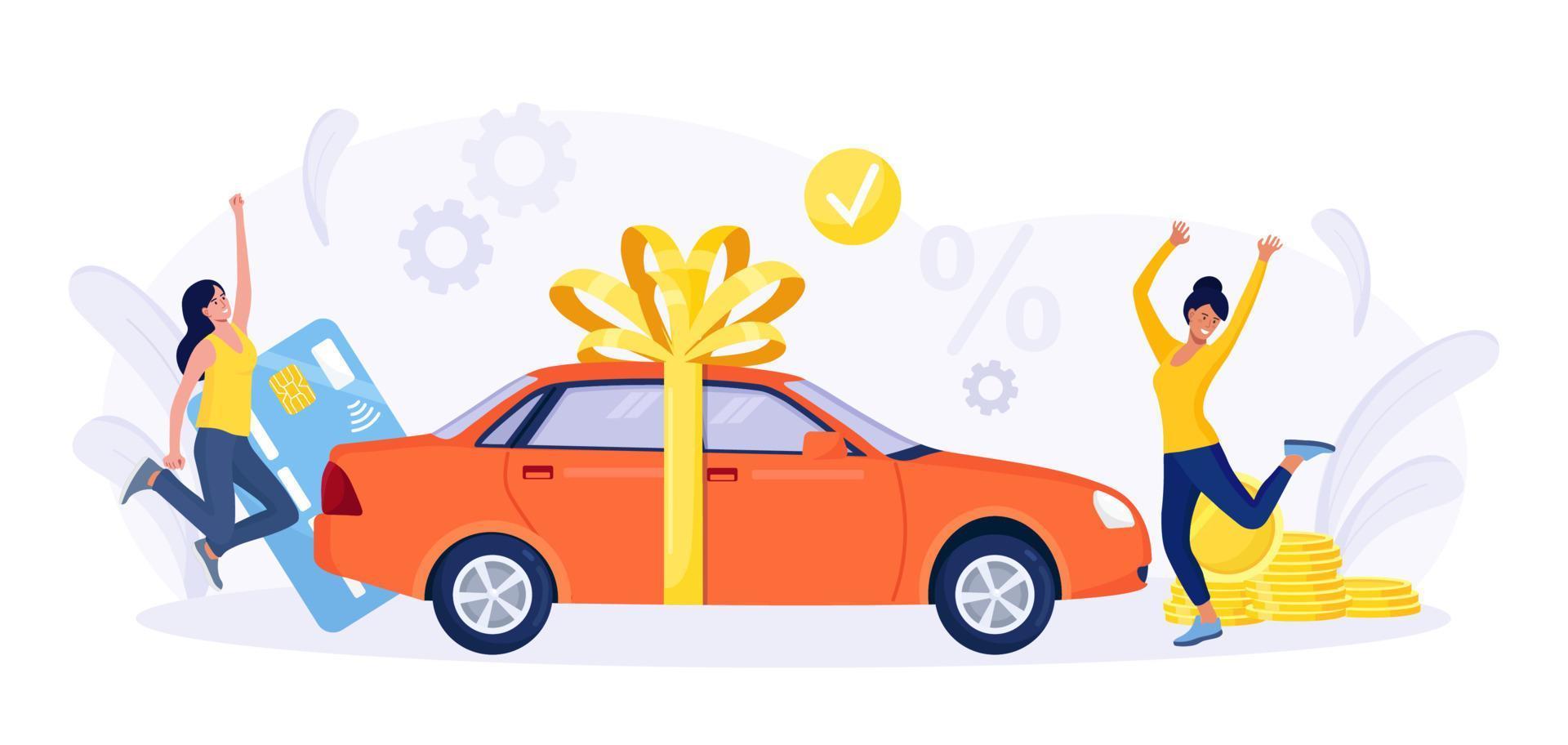 gente feliz celebrando la compra de autos. compra de automóvil. mujeres de pie cerca de un nuevo sedán rojo envuelto con un gran lazo festivo. coches de alquiler, compartir, leasing. trato exitoso vector