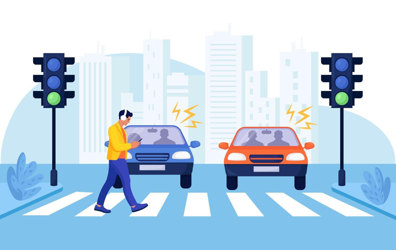 Crosswalk accident with pedestrian. Man with smartphone and headphones crossing road on red traffic lights. Road safety. Car vehicle accident danger, street traffic rules. Urban lifestyle vector