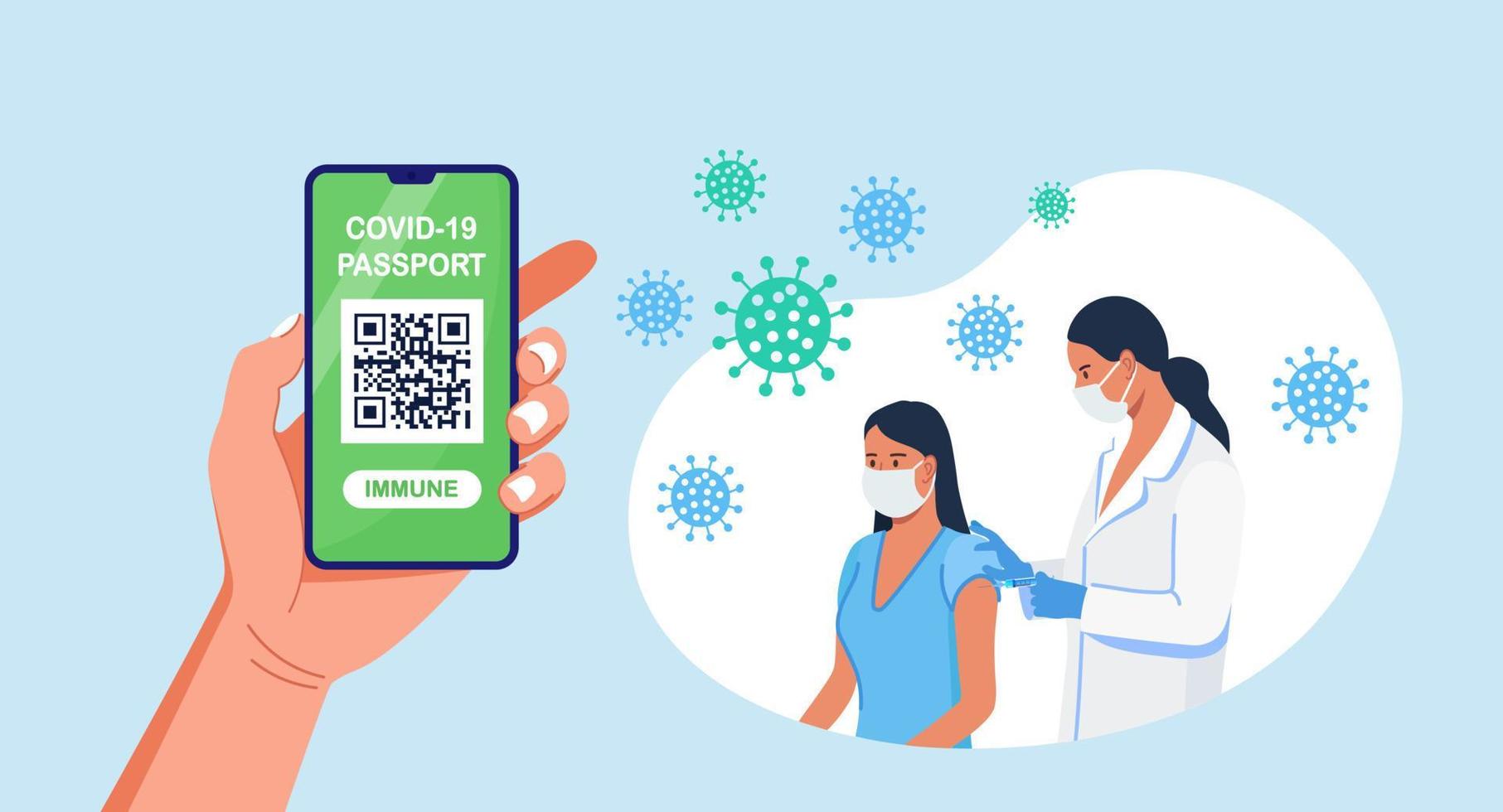 Digital Immune Medical Certificate. Electronic Health Passport of Vaccination for Covid-19. QR Code on Phone for Safe Travelling during the Pandemic. Doctor Vaccinates Patient against Coronavirus vector