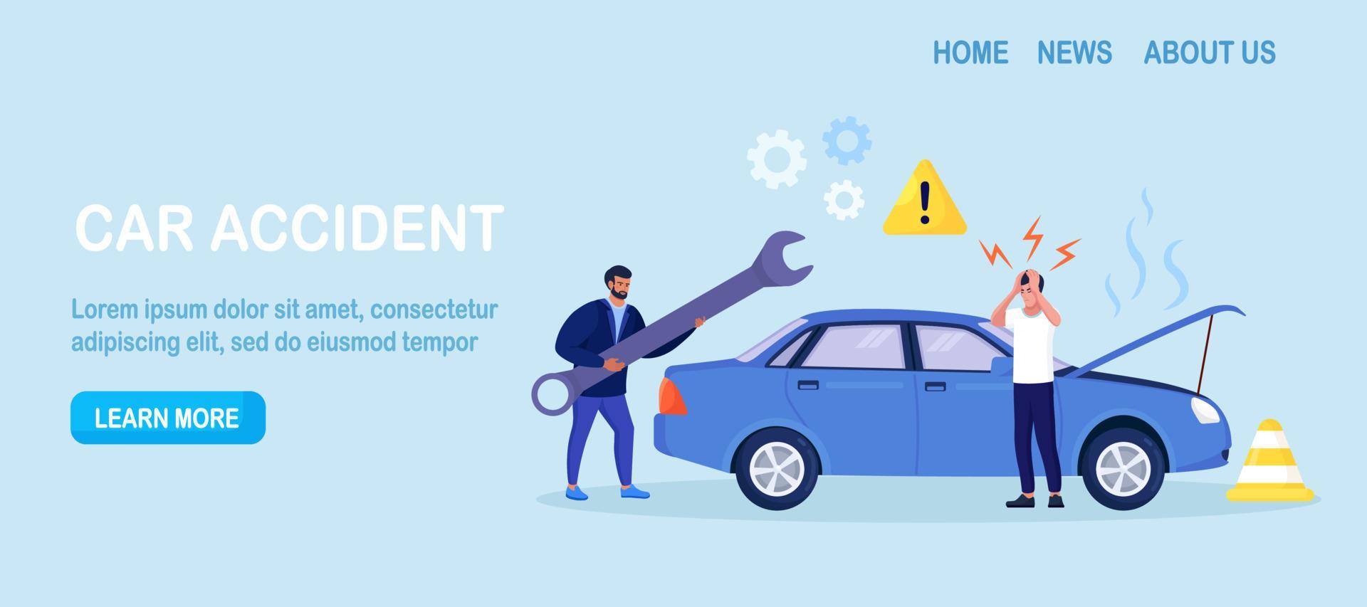 Car accident. Disappointed man in panic standing beside broken auto without insurance.Vehicle