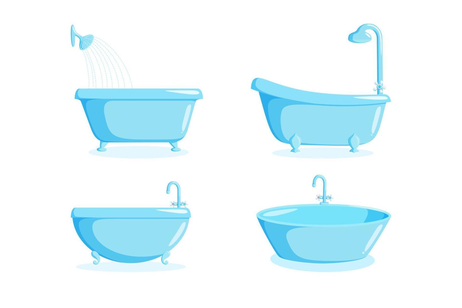 Bañera con grifo y equipo de ducha. conjunto de diferentes tinas aislado sobre fondo blanco. ilustración vectorial vector