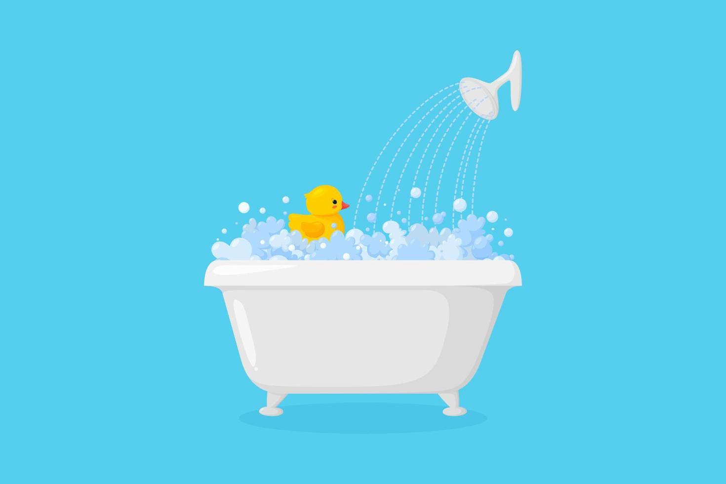 Bathtub with rubber duck with suds and shower. Yellow duck in bubbles and foam isolated in blue background. Vector illustration