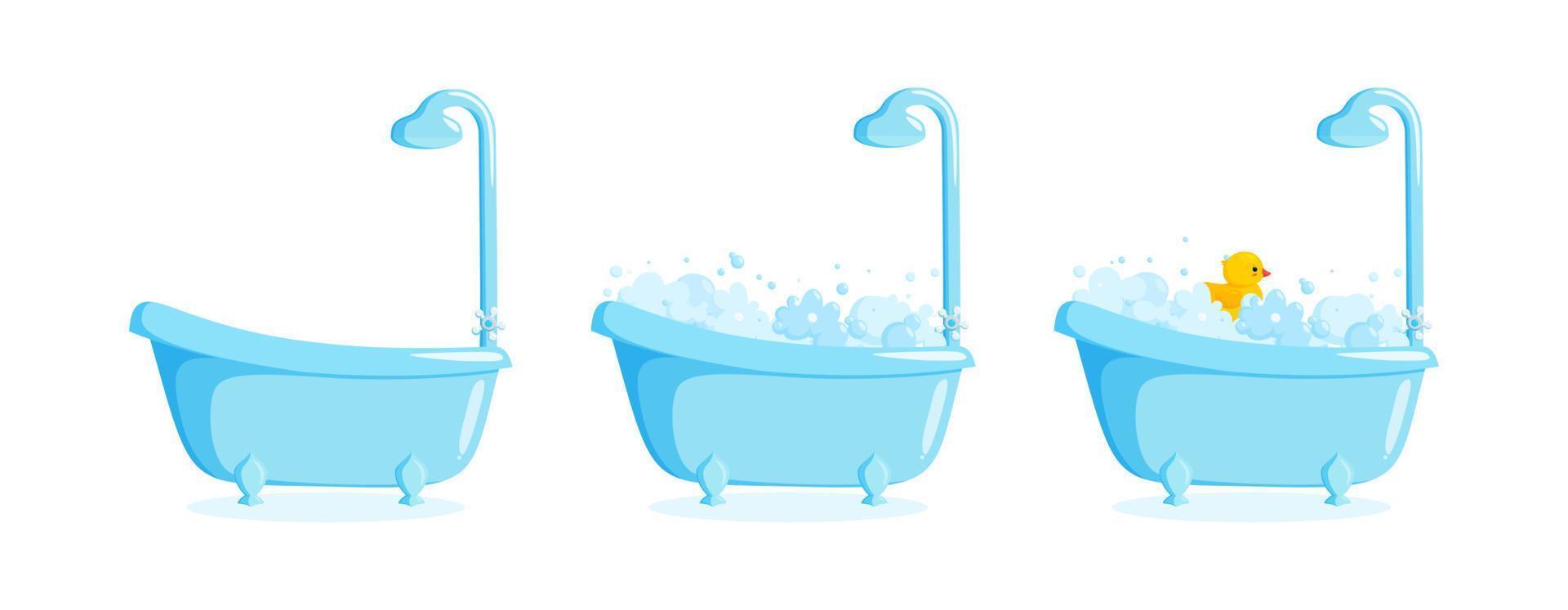 Bathtub with suds and rubber duck and shower. Clawfoot tub set with duck, bubbles and foam. Vector illustration