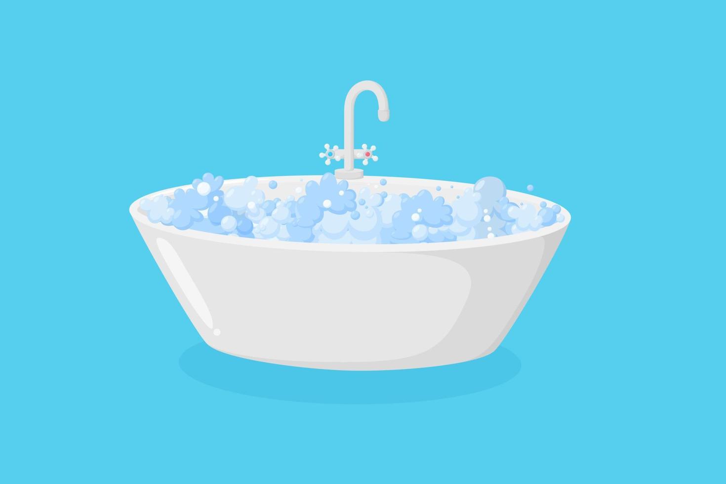 Bañera con espuma y grifo. bañera elipse de lujo con grifo con espuma de jabón aislada en fondo azul. ilustración vectorial vector