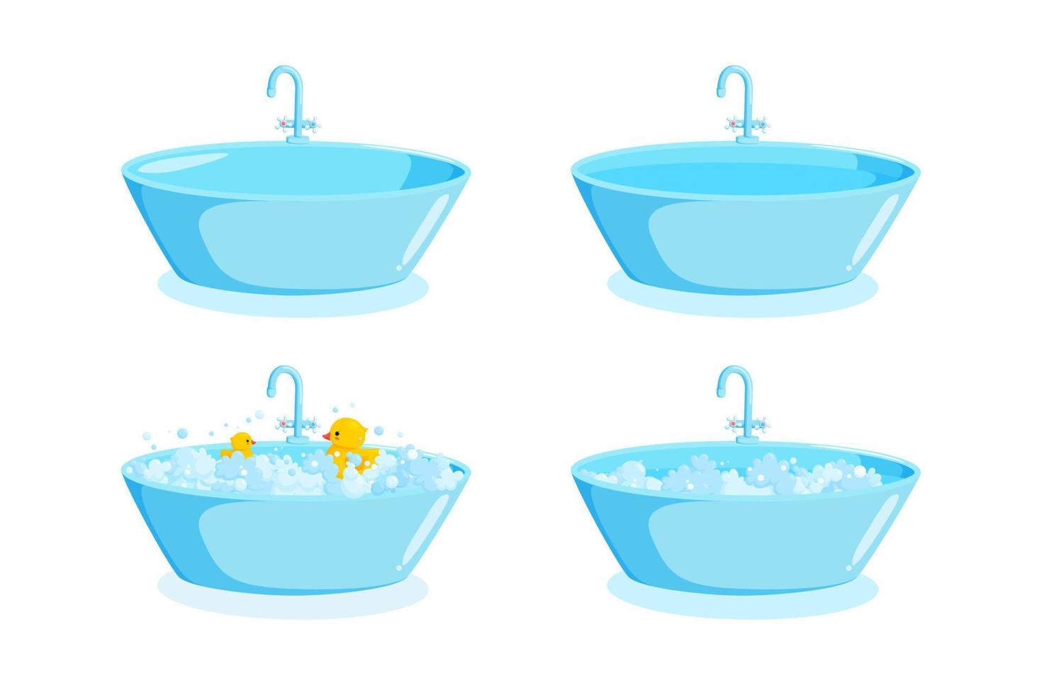 Bathtub with faucet, ducks and suds. Ellipse tub set with tap with soap foam. Vector illustration