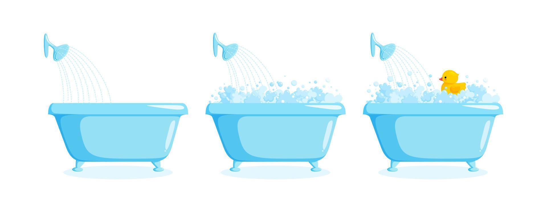 Bañera con pato de goma con espuma y ducha. juego de bañera con pato amarillo en burbujas y espuma. ilustración vectorial vector