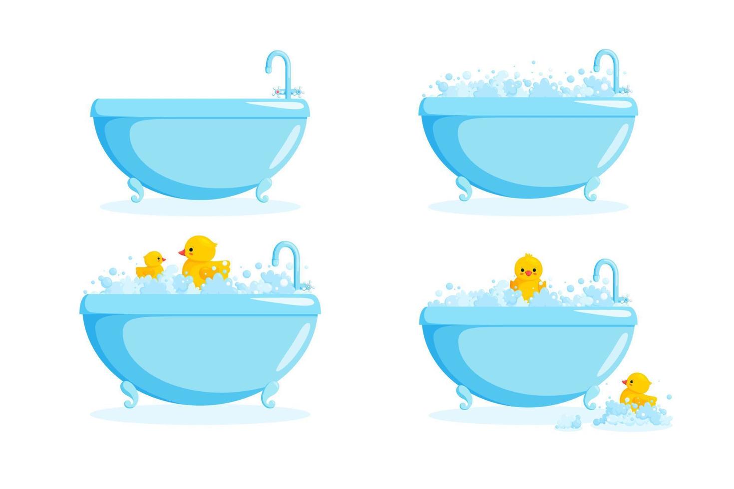 Bathtub with rubber duck in suds. Set with bathtubs and yellow ducks in bubbles and suds isolated. Vector illustration